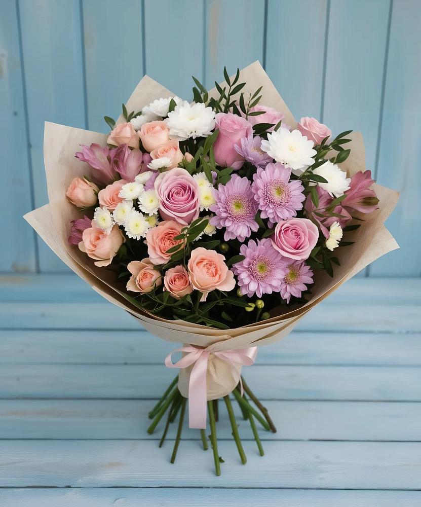 Букет цветов из: Хризантемы, Розы и Альстромерии в Челно-Вершины