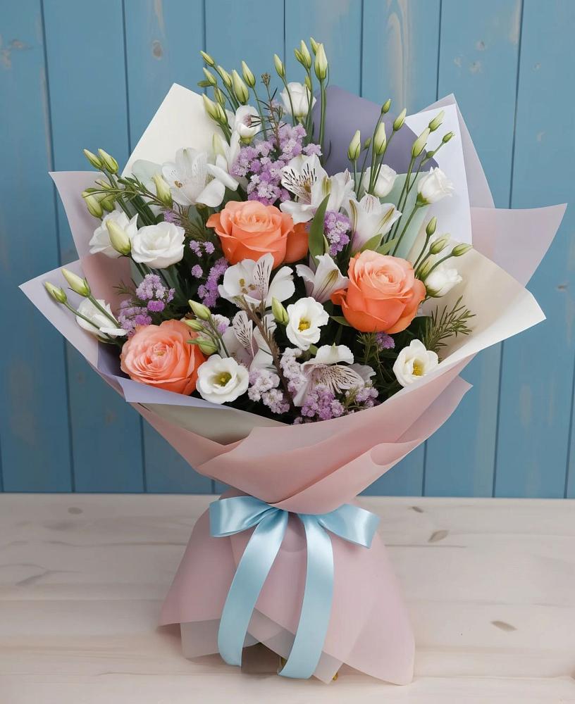 Букет цветов из: Лизиантусы, Розы, Альстромерии и Гипсофила в Челно-Вершины