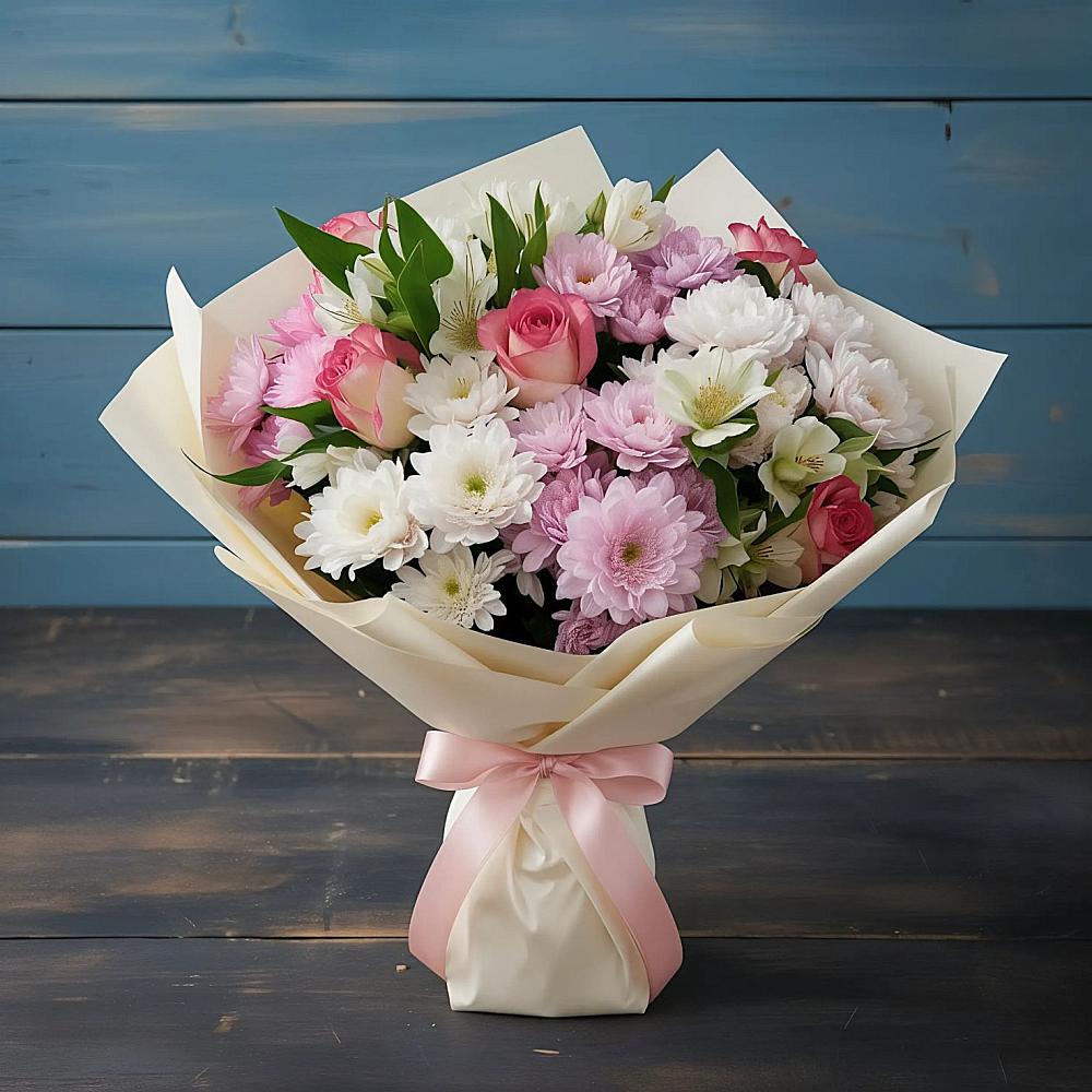 Букет цветов из: Хризантемы, Альстромерии и Розы в Челно-Вершины